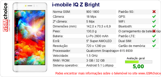 i-mobile IQ Z Bright Especificações técnicas do telemóvel 