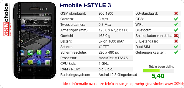 i-mobile i-STYLE 3 Technische gegevens 