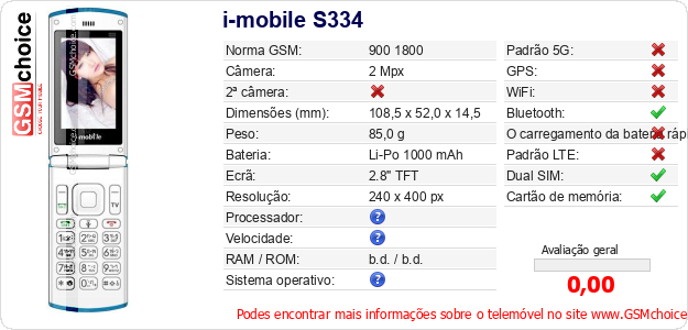 i-mobile S334 Especificações técnicas do telemóvel 