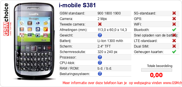 i-mobile S381 Technische gegevens i-mobile S381 Technische gegevens