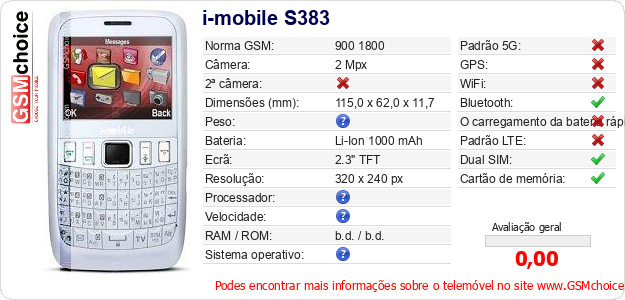 i-mobile S383 Especificações técnicas do telemóvel 