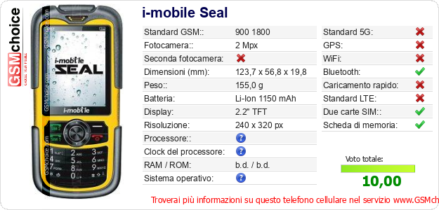 i-mobile Seal Dati tecnici di telefono cellulare 