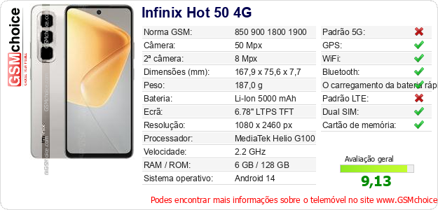 Infinix Hot 50 4G Especificações técnicas do telemóvel 