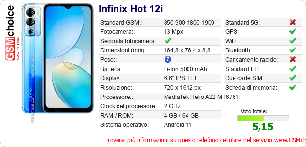 Infinix Hot 12i Dati tecnici di telefono cellulare 