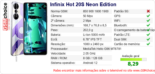 Infinix Hot 20S Neon Edition Especificações técnicas do telemóvel 
