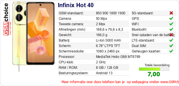 Infinix Hot 40 Technische gegevens Infinix Hot 40 Technische gegevens