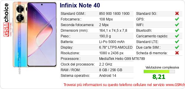 Infinix Note 40 Dati tecnici di telefono cellulare 