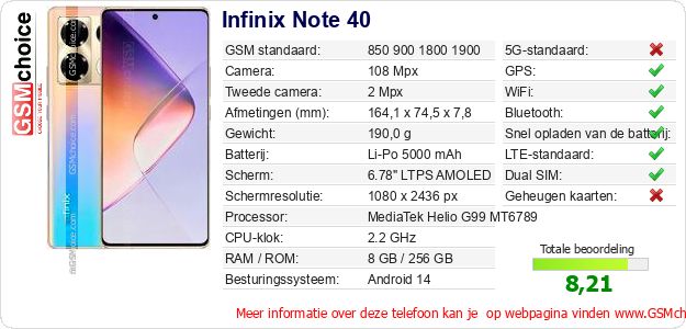Infinix Note 40 Technische gegevens 