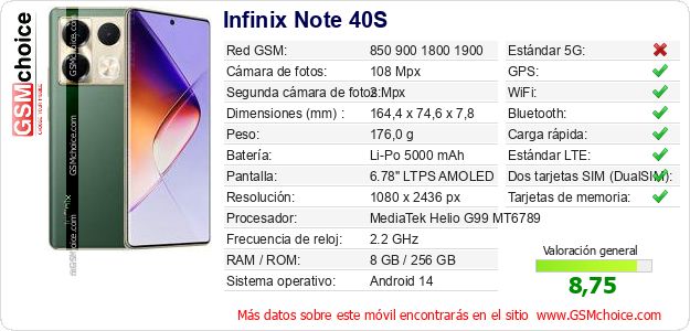 Infinix Note 40S Datos técnicos del móvil Infinix Note 40S Datos técnicos del móvil