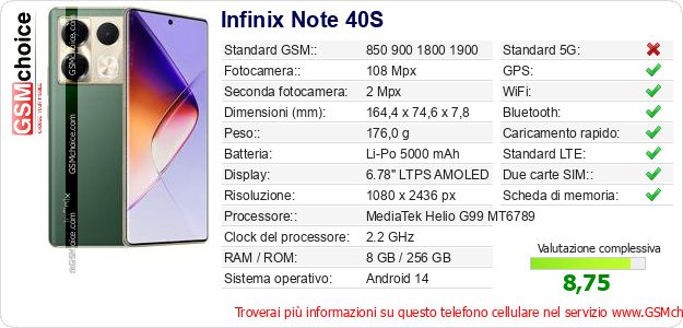 Infinix Note 40S Dati tecnici di telefono cellulare 