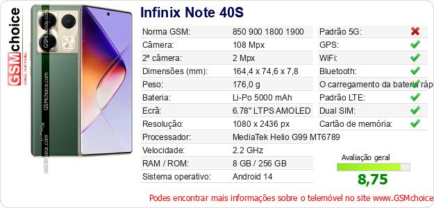 Infinix Note 40S Especificações técnicas do telemóvel Infinix Note 40S Especificações técnicas do telemóvel