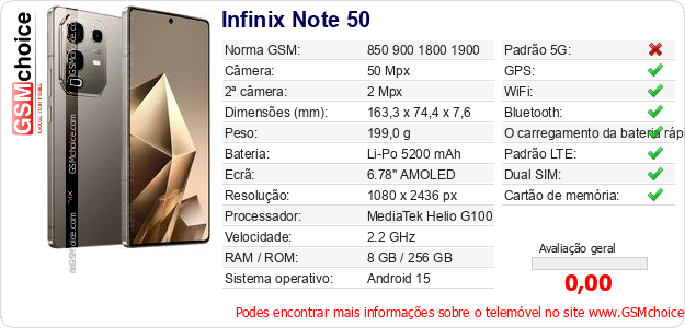 Infinix Note 50 Especificações técnicas do telemóvel 