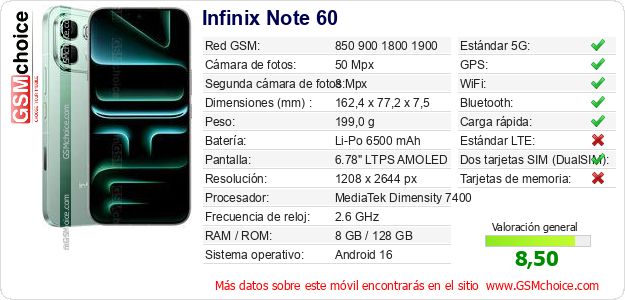 Infinix Note 60 Datos técnicos del móvil Infinix Note 60 Datos técnicos del móvil