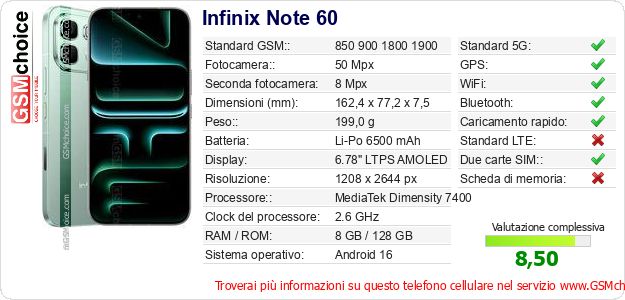 Infinix Note 60 Dati tecnici di telefono cellulare 