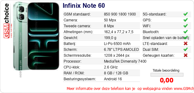 Infinix Note 60 Technische gegevens Infinix Note 60 Technische gegevens