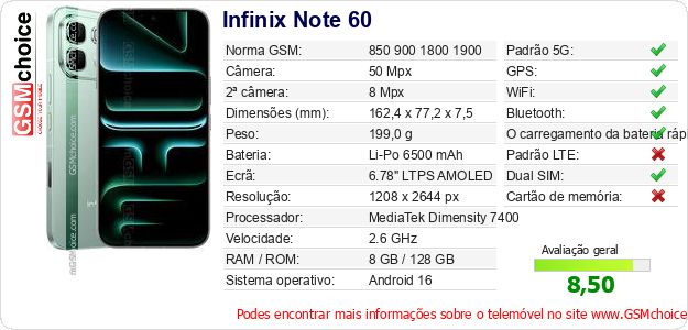 Infinix Note 60 Especificações técnicas do telemóvel 