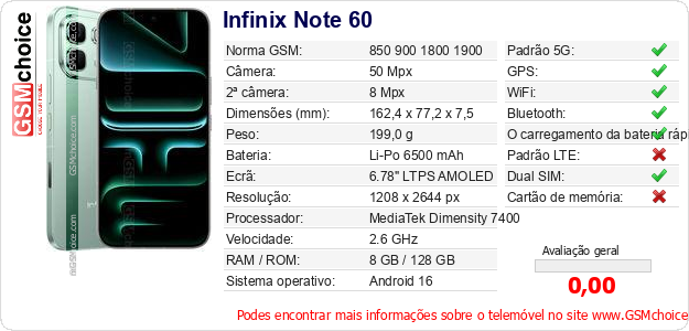 Infinix Note 60 Especificações técnicas do telemóvel Infinix Note 60 Especificações técnicas do telemóvel