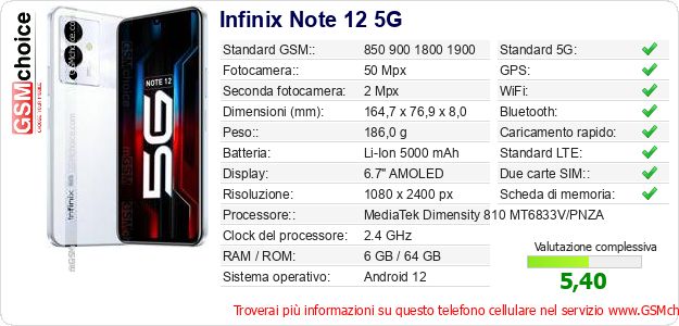Infinix Note 12 5G Dati tecnici di telefono cellulare 
