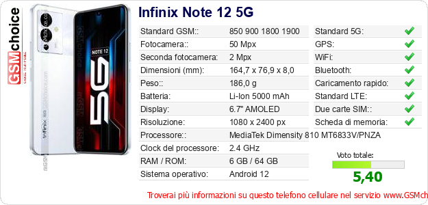 Infinix Note 12 5G Dati tecnici di telefono cellulare 