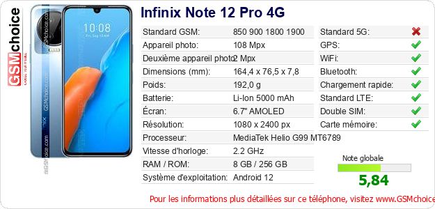 Infinix Note 12 Pro 4G Fiche technique Infinix Note 12 Pro 4G Fiche technique