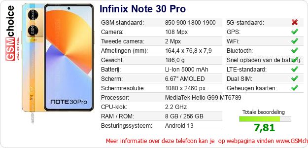 Infinix Note 30 Pro Technische gegevens Infinix Note 30 Pro Technische gegevens