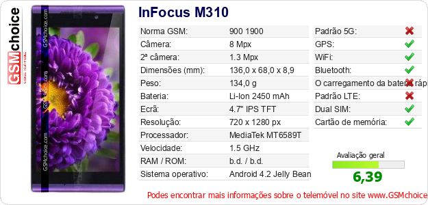 InFocus M310 Especificações técnicas do telemóvel 