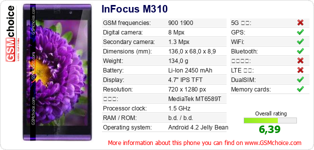 InFocus M310 手機技術數據