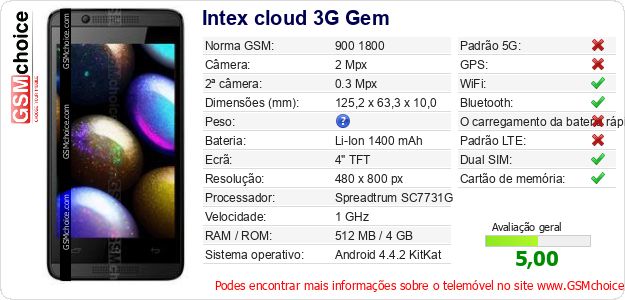 Intex cloud 3G Gem Especificações técnicas do telemóvel Intex cloud 3G Gem Especificações técnicas do telemóvel