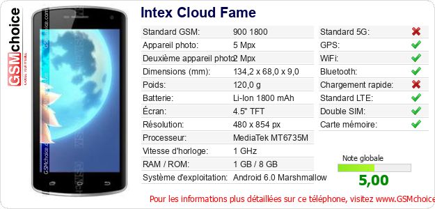 Intex Cloud Fame Fiche technique