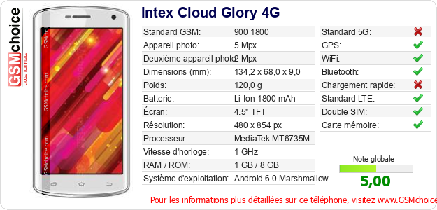 Intex Cloud Glory 4G Fiche technique