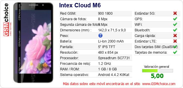 Intex Cloud M6 Datos técnicos del móvil Intex Cloud M6 Datos técnicos del móvil
