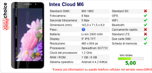 Intex Cloud M6 Dati tecnici di telefono cellulare 