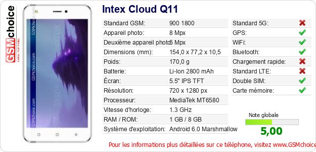 Intex Cloud Q11 Fiche technique