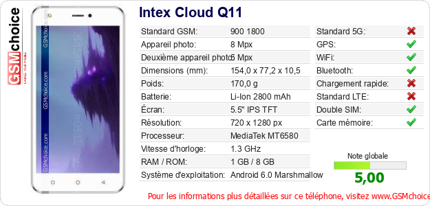 Intex Cloud Q11 Fiche technique Intex Cloud Q11 Fiche technique
