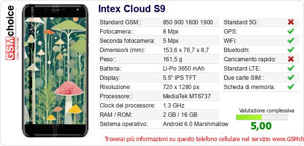Intex Cloud S9 Dati tecnici di telefono cellulare 