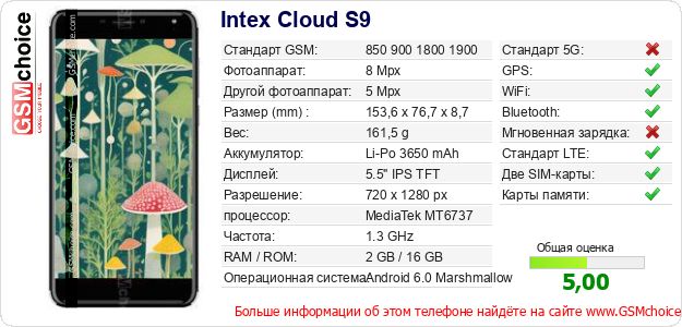 Intex Cloud S9 Технические данные телефона Intex Cloud S9 Технические данные телефона