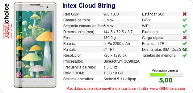 Intex Cloud String Datos técnicos del móvil 