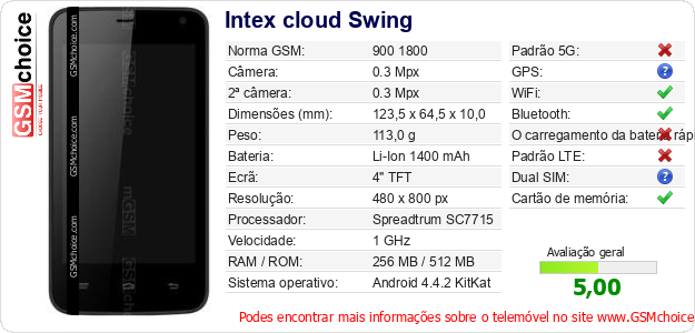 Intex cloud Swing Especificações técnicas do telemóvel 