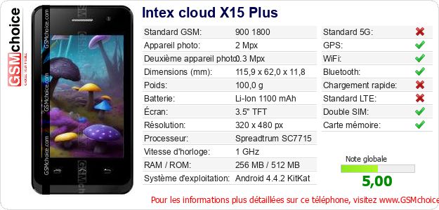 Intex cloud X15 Plus Fiche technique