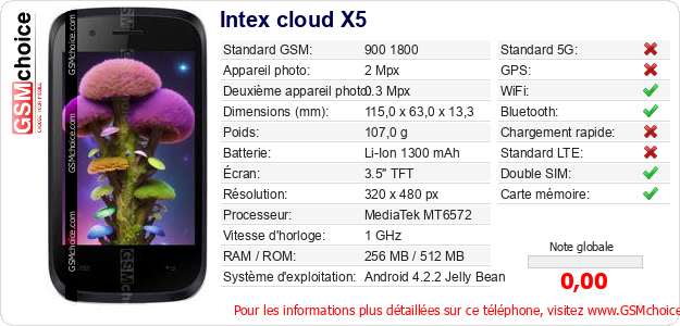 Intex cloud X5 Fiche technique