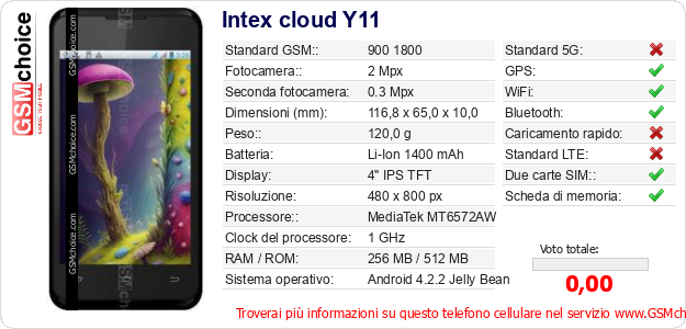 Intex cloud Y11 Dati tecnici di telefono cellulare 