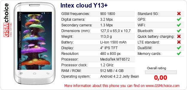 Intex cloud Y13+ technical specifications Intex cloud Y13+ technical specifications