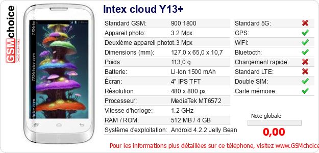 Intex cloud Y13+ Fiche technique Intex cloud Y13+ Fiche technique