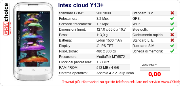 Intex cloud Y13+ Dati tecnici di telefono cellulare 