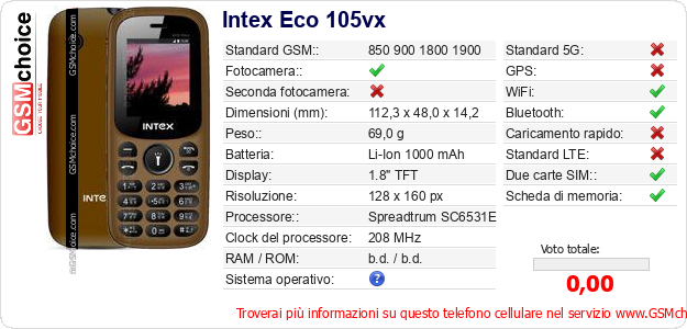 Intex Eco 105vx Dati tecnici di telefono cellulare 
