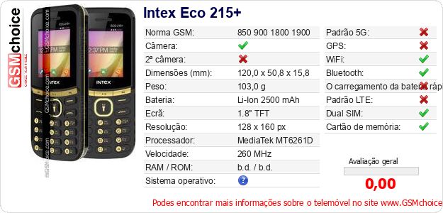 Intex Eco 215+ Especificações técnicas do telemóvel 