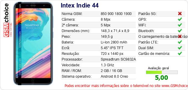 Intex Indie 44 Especificações técnicas do telemóvel 
