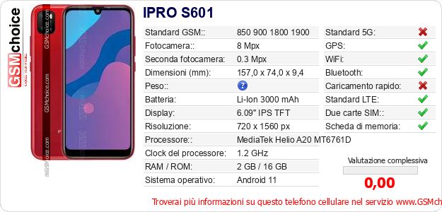 IPRO S601 Dati tecnici di telefono cellulare 