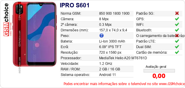 IPRO S601 Especificações técnicas do telemóvel 