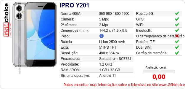 IPRO Y201 Especificações técnicas do telemóvel IPRO Y201 Especificações técnicas do telemóvel